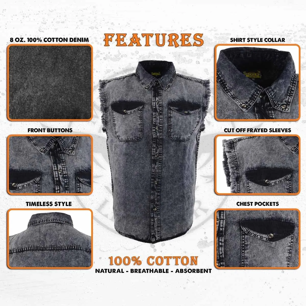 Milwaukee Leather MDM11678 Mens Classic Grey Button-Down Cut Off Frayed Sleeveless Casual Shirt