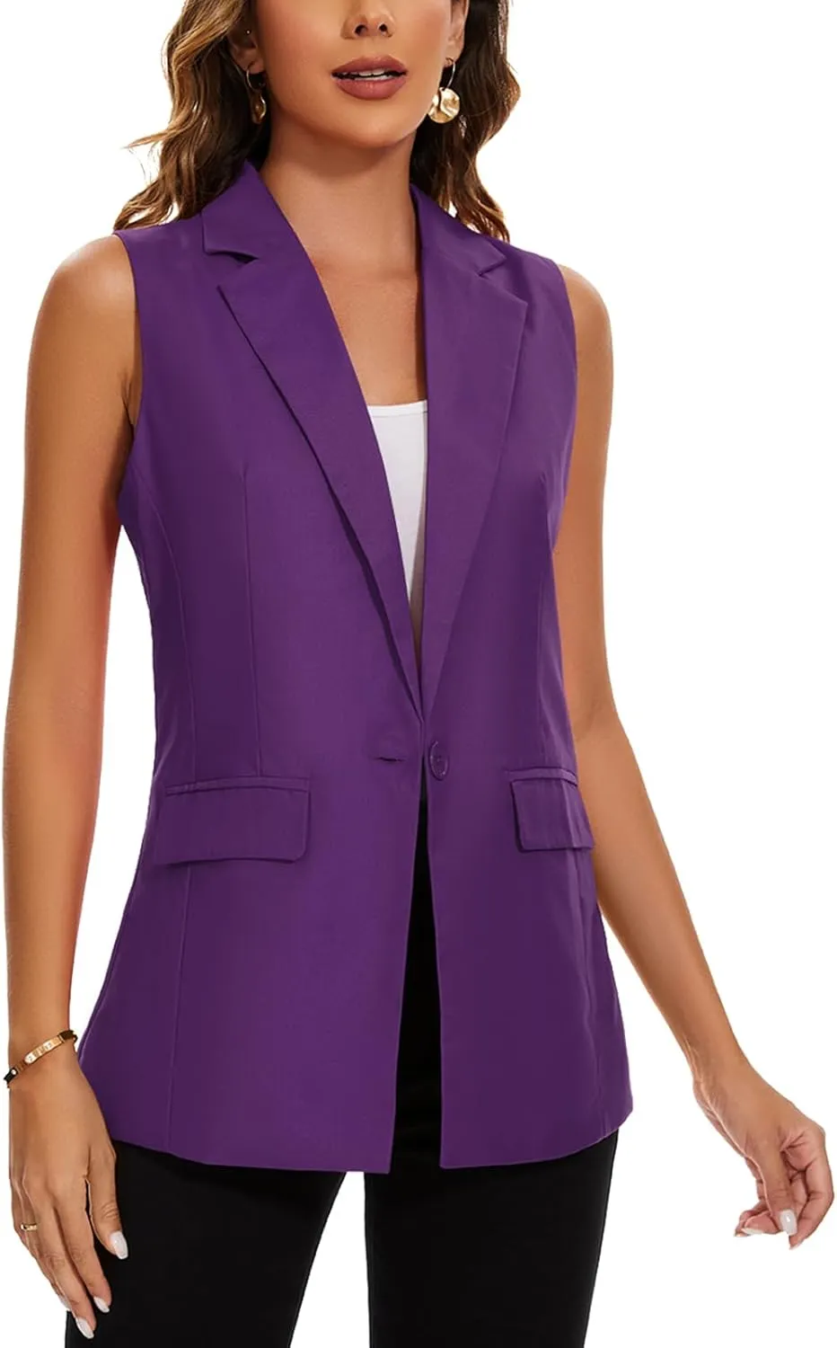 MINTLIMIT Womens Casual Vest Sleeveless Blazer Button Front Jacket Office Fully Lined Notched Lapel Long Blazers with Pockets