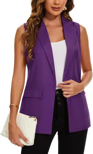 MINTLIMIT Womens Casual Vest Sleeveless Blazer Button Front Jacket Office Fully Lined Notched Lapel Long Blazers with Pockets