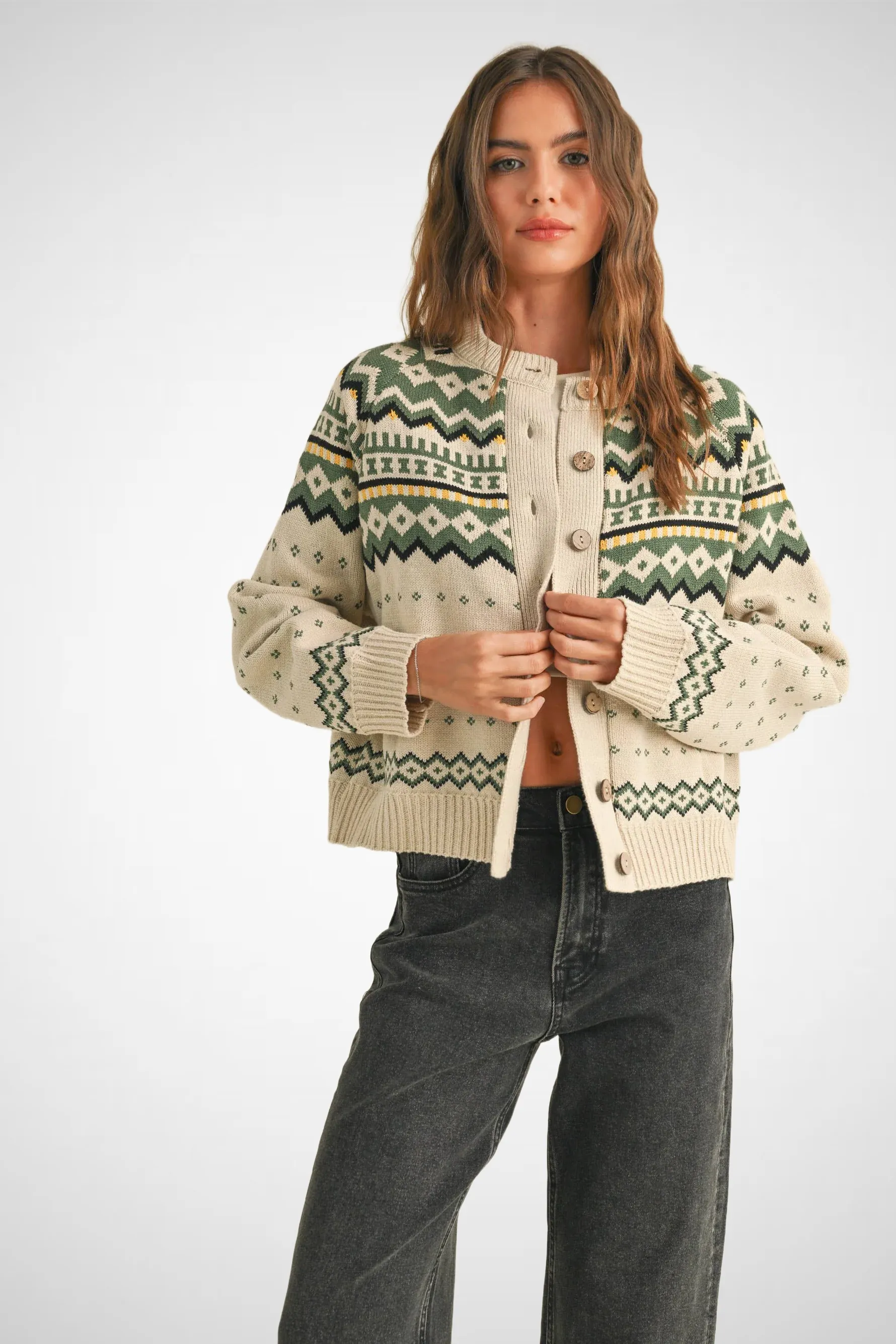 Multi Pattern Button Front Sweater Cardigan