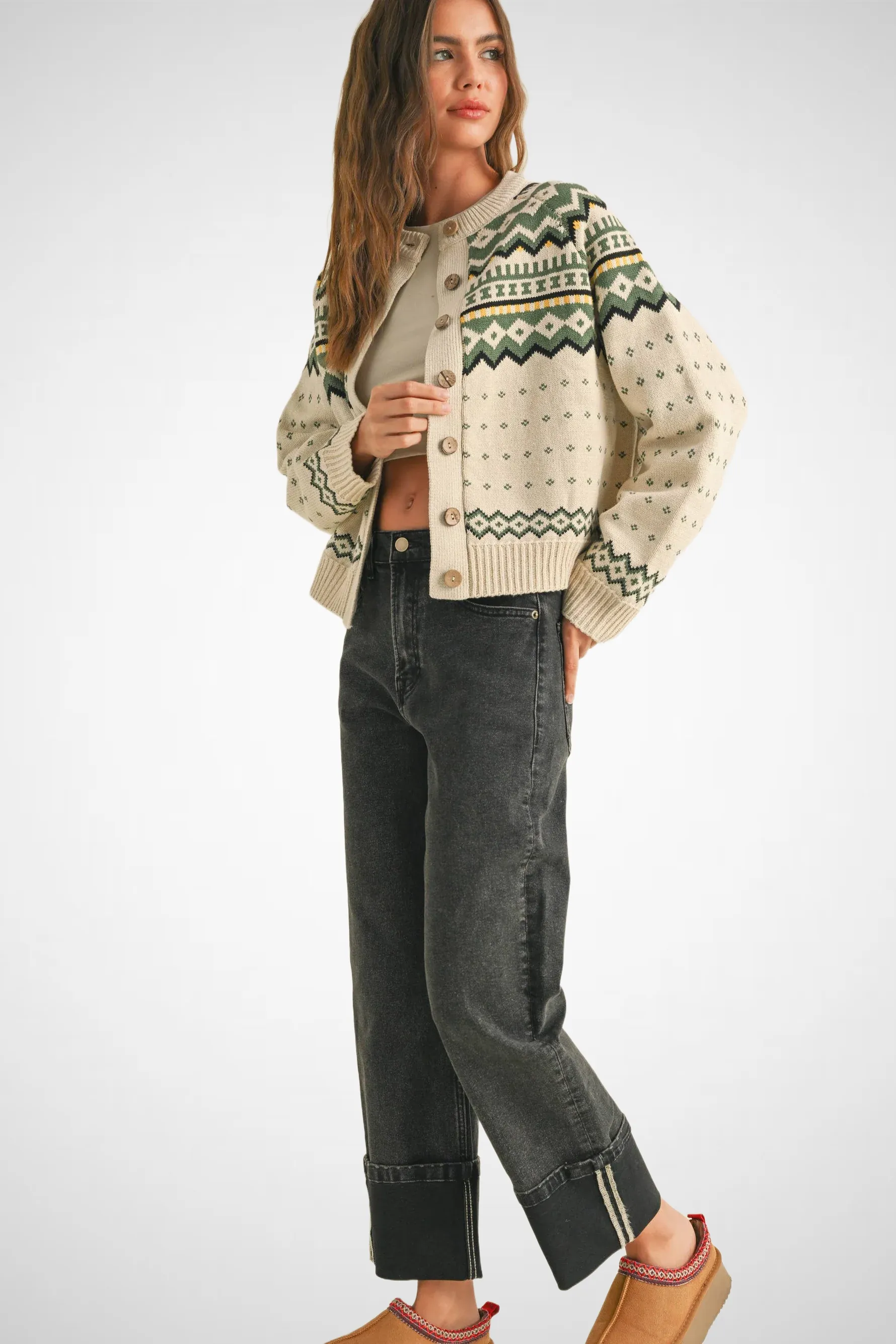 Multi Pattern Button Front Sweater Cardigan