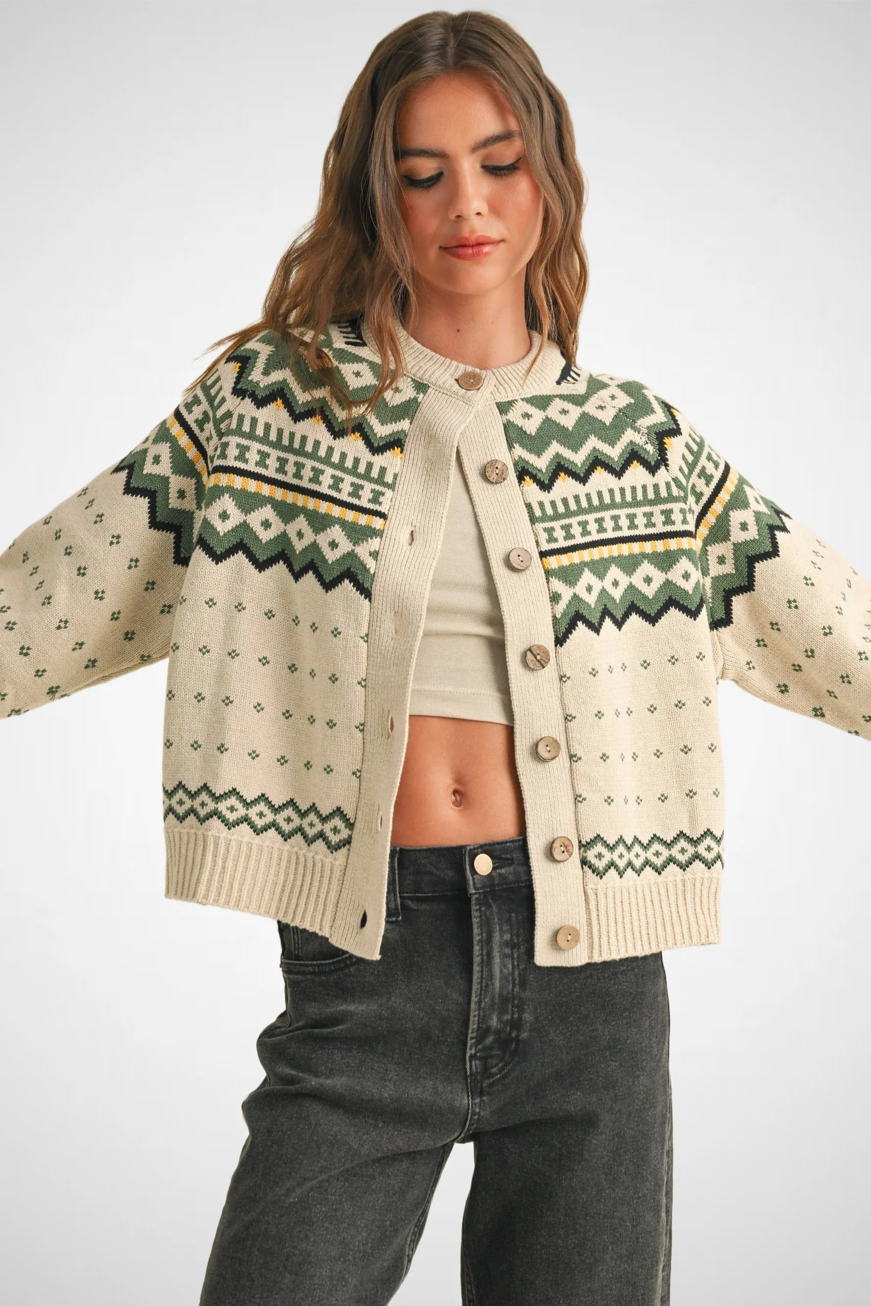 Multi Pattern Button Front Sweater Cardigan