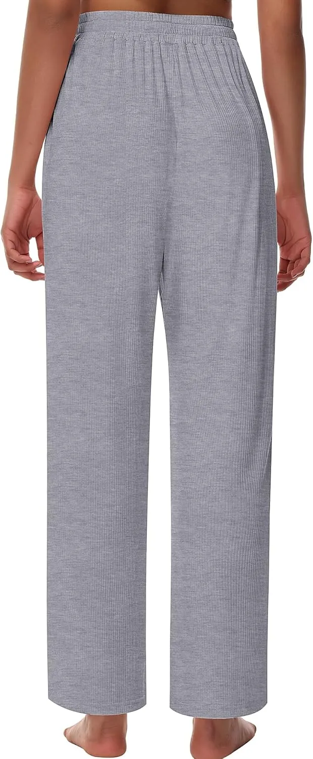 Neer 3 Pack Women's Lounge Pants with Pockets, Rib Knit Yoga Cozy Pants High Waisted Drawstring Sweatpant Wide Leg Jogger