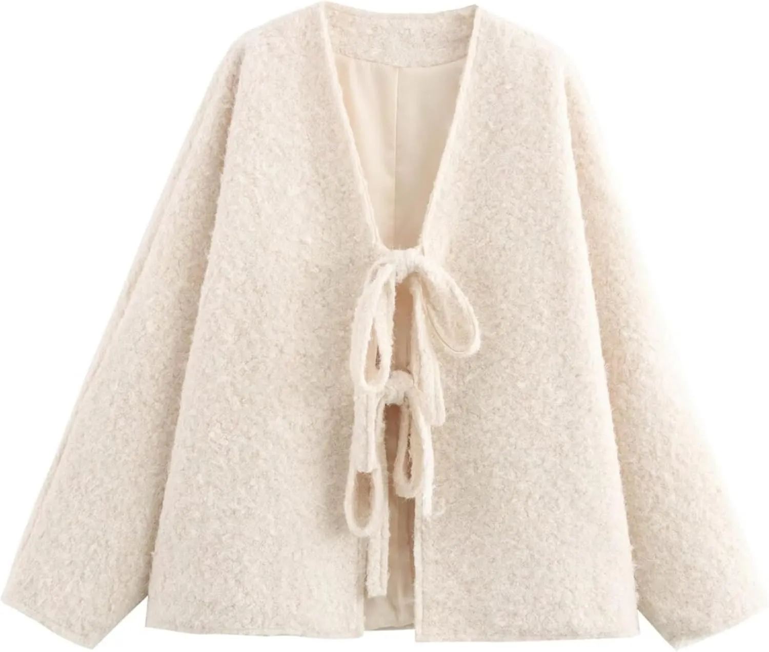 Perbai Women's Tie Front Bow Cardigan Jacket Fuzzy Wool Blend Long Sleeve Batwing Oversized Winter Trench Coats