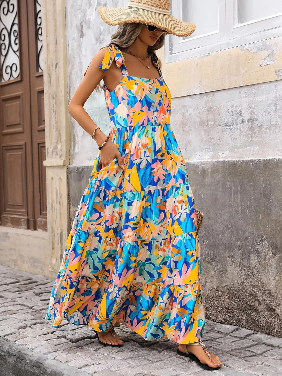PRETTYGARDEN Womens Dresses 2025 Summer Floral Sleeveless Maxi Dress Casual Spaghetti Strap Tiered Flowy Beach Long Dress