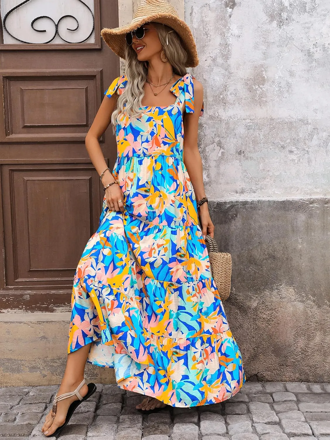 PRETTYGARDEN Womens Dresses 2025 Summer Floral Sleeveless Maxi Dress Casual Spaghetti Strap Tiered Flowy Beach Long Dress