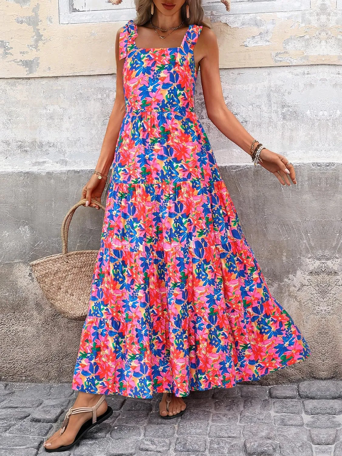 PRETTYGARDEN Womens Dresses 2025 Summer Floral Sleeveless Maxi Dress Casual Spaghetti Strap Tiered Flowy Beach Long Dress