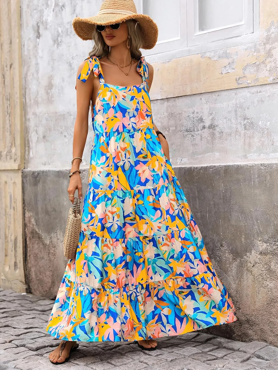 PRETTYGARDEN Womens Dresses 2025 Summer Floral Sleeveless Maxi Dress Casual Spaghetti Strap Tiered Flowy Beach Long Dress