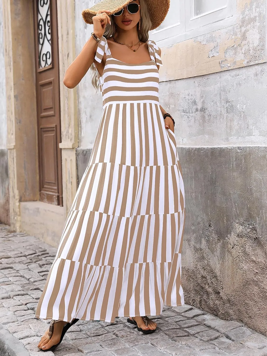 PRETTYGARDEN Womens Dresses 2025 Summer Floral Sleeveless Maxi Dress Casual Spaghetti Strap Tiered Flowy Beach Long Dress