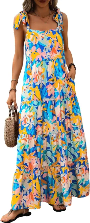 PRETTYGARDEN Womens Dresses 2025 Summer Floral Sleeveless Maxi Dress Casual Spaghetti Strap Tiered Flowy Beach Long Dress