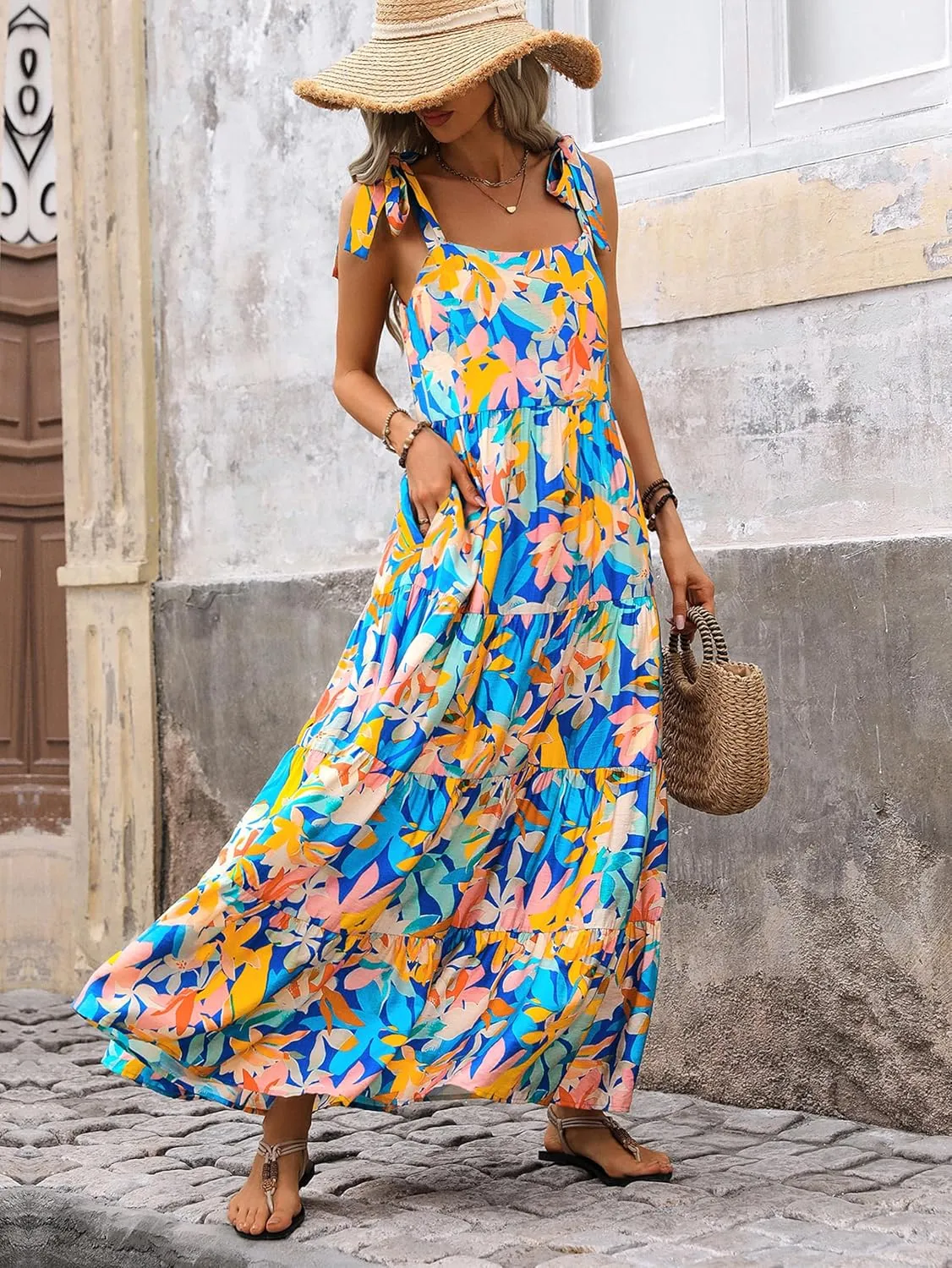 PRETTYGARDEN Womens Dresses 2025 Summer Floral Sleeveless Maxi Dress Casual Spaghetti Strap Tiered Flowy Beach Long Dress