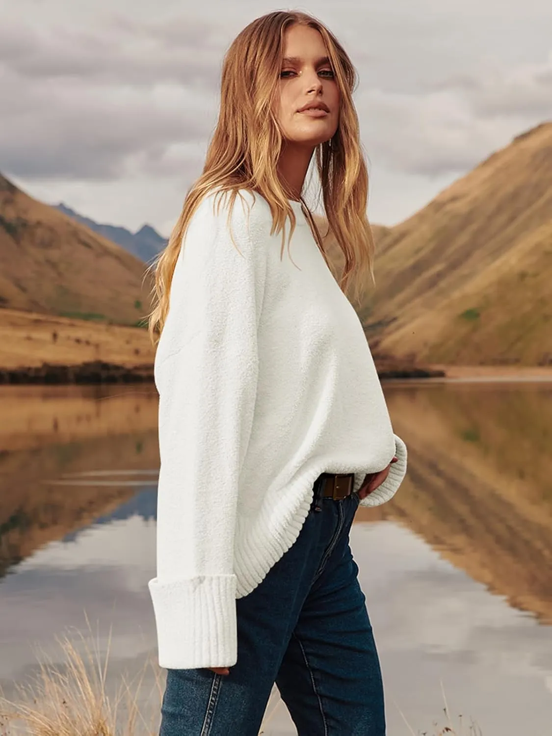 Prinbara Womens Oversized Sweater Crewneck Long Sleeve Fuzzy Knit Chunky Warm Pullover Sweaters Top 2024 Winter Trendy Outfit