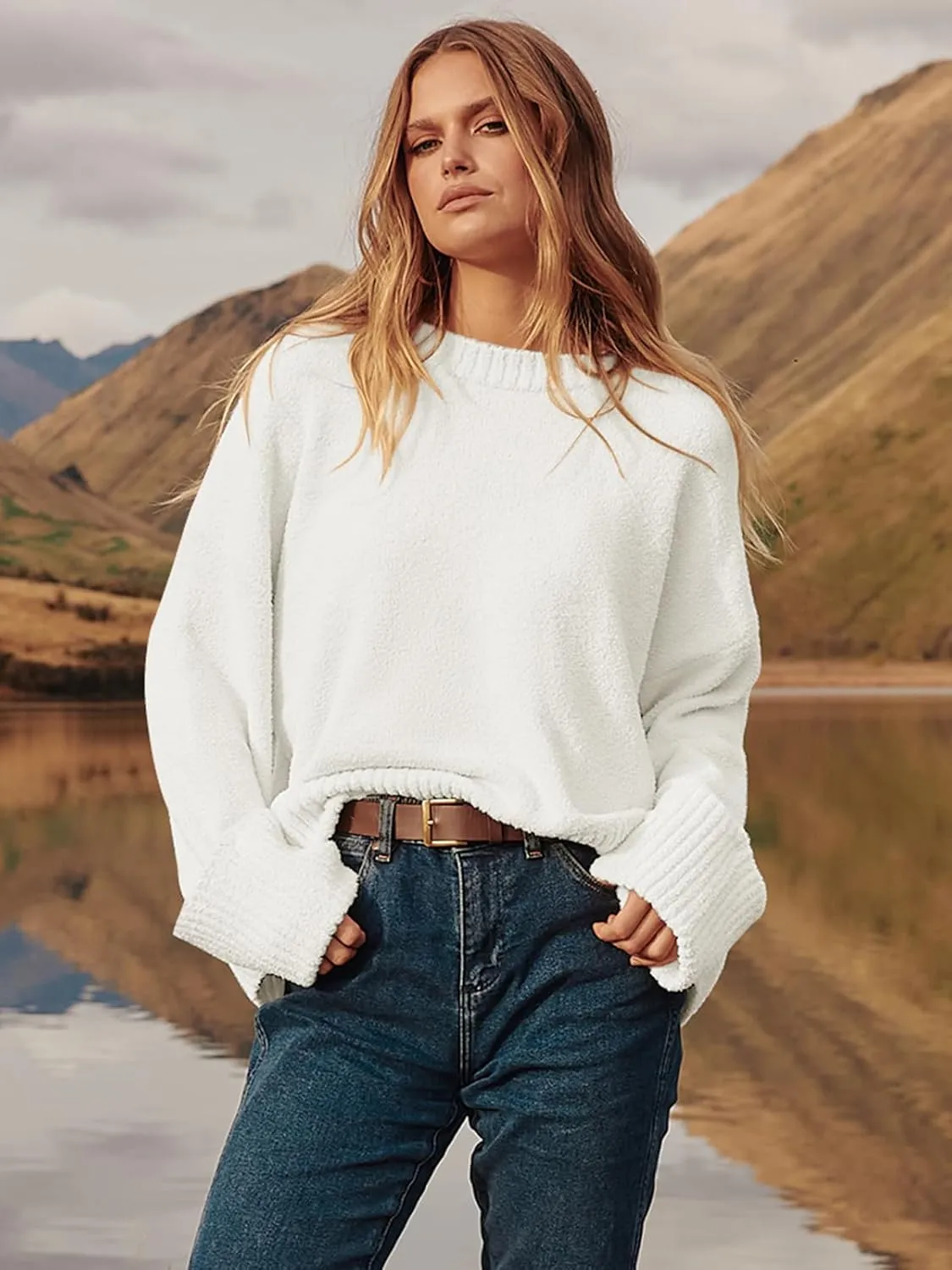 Prinbara Womens Oversized Sweater Crewneck Long Sleeve Fuzzy Knit Chunky Warm Pullover Sweaters Top 2024 Winter Trendy Outfit