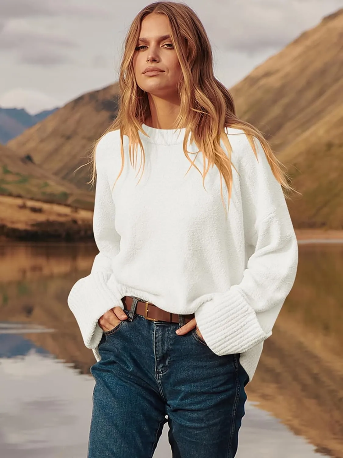 Prinbara Womens Oversized Sweater Crewneck Long Sleeve Fuzzy Knit Chunky Warm Pullover Sweaters Top 2024 Winter Trendy Outfit