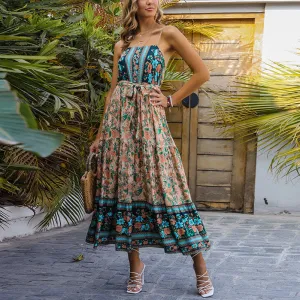 Printed Tie-Up Waist Smocked Large Swing Vacation Bohemian Dress Wholesale Dresses
