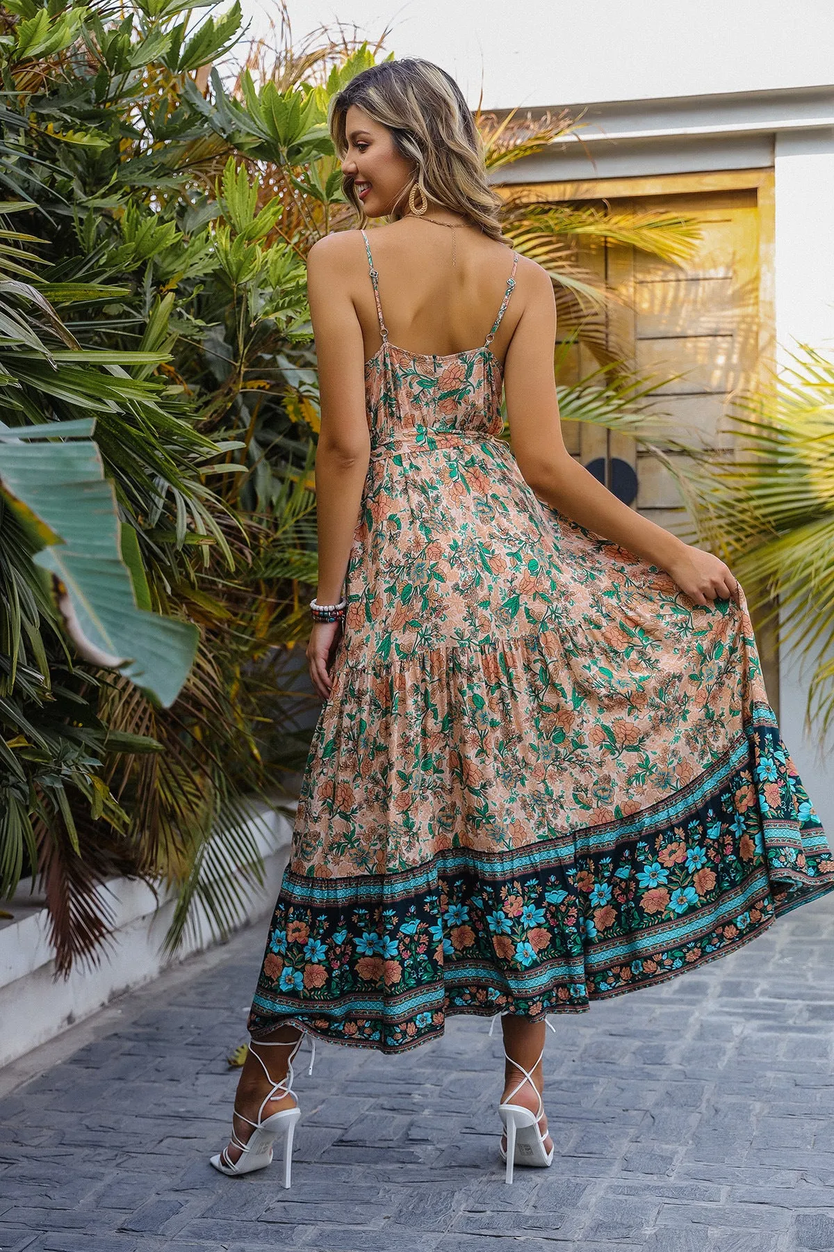 Printed Tie-Up Waist Smocked Large Swing Vacation Bohemian Dress Wholesale Dresses