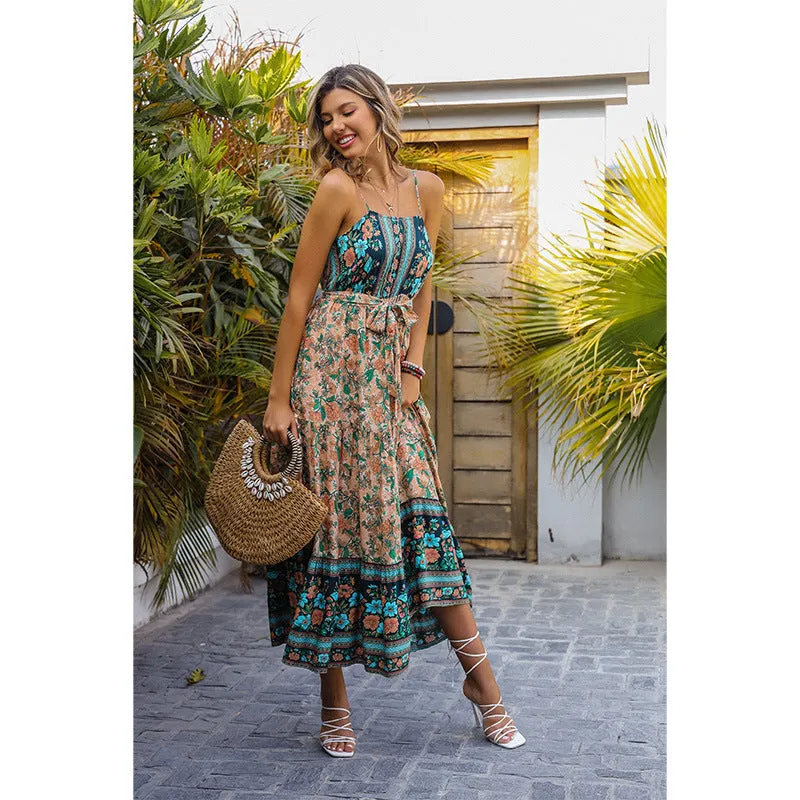 Printed Tie-Up Waist Smocked Large Swing Vacation Bohemian Dress Wholesale Dresses