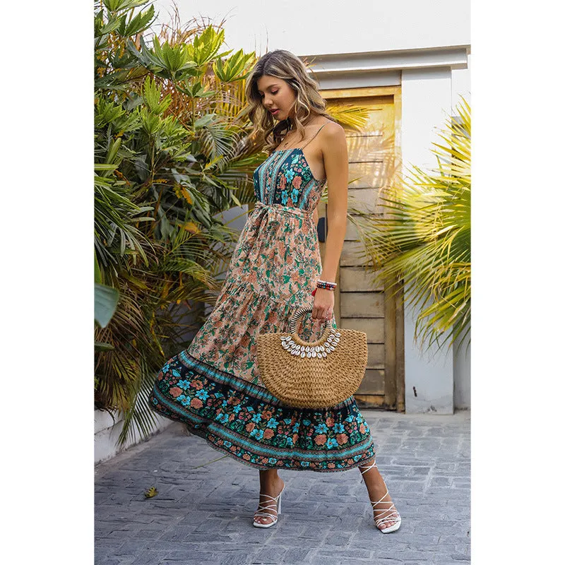 Printed Tie-Up Waist Smocked Large Swing Vacation Bohemian Dress Wholesale Dresses