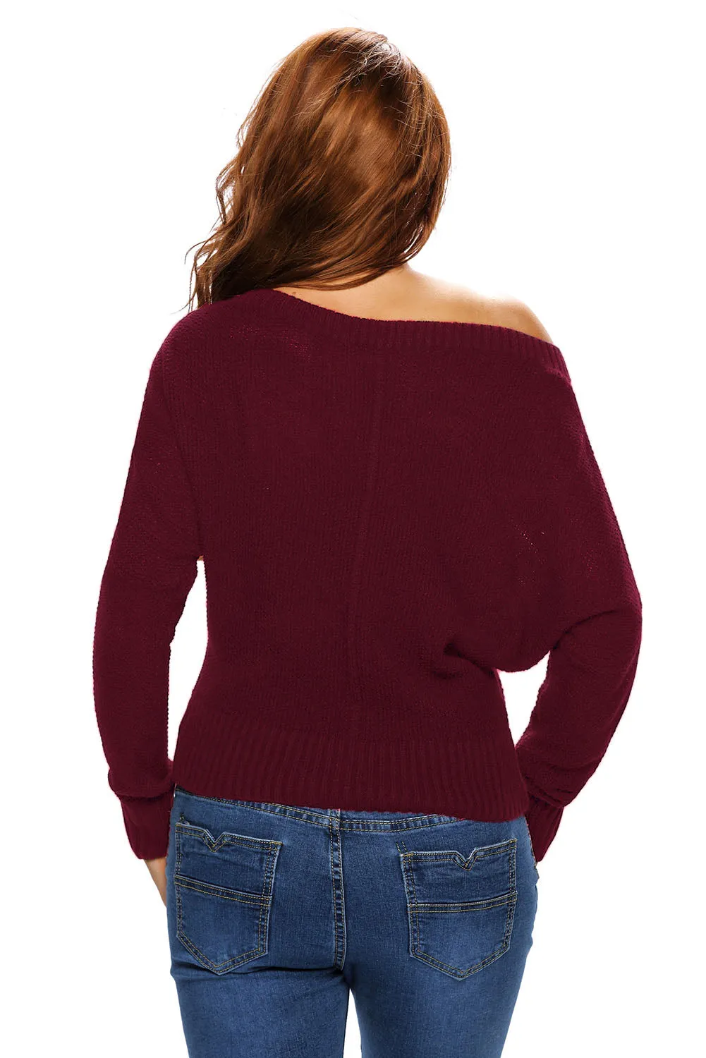 Red Off Shoulder Lightweight Chunky Sweater