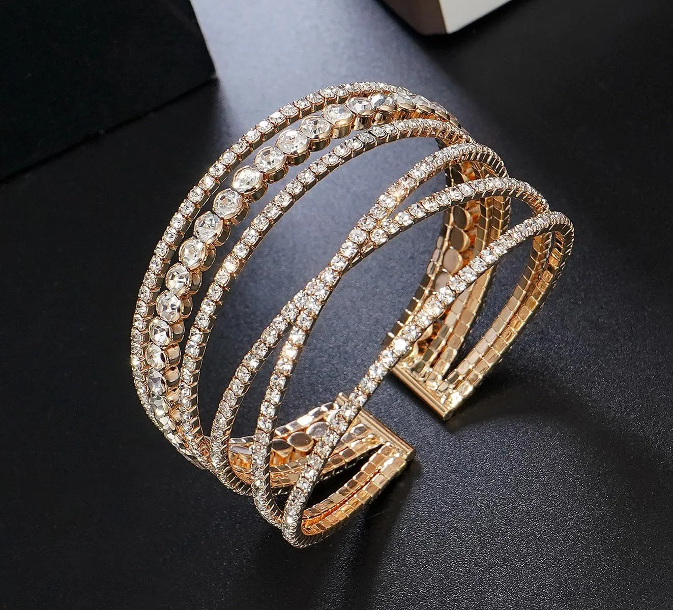 Rhinestone Bracelet for Women Multilayer Crystal Cuff Bracelet Strand Layered Bracelet