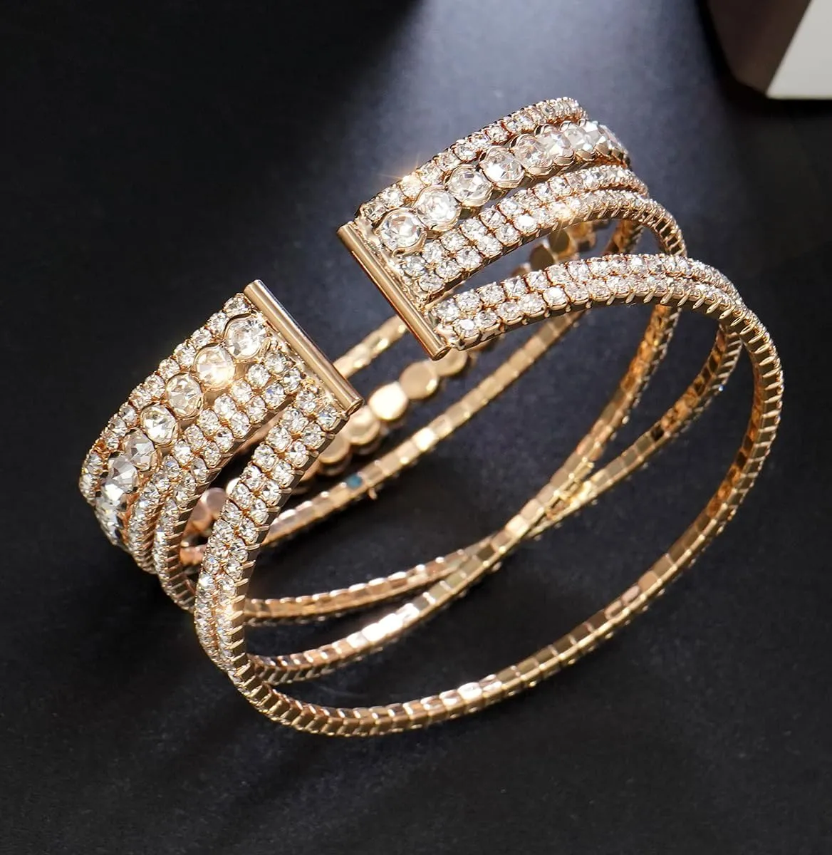Rhinestone Bracelet for Women Multilayer Crystal Cuff Bracelet Strand Layered Bracelet