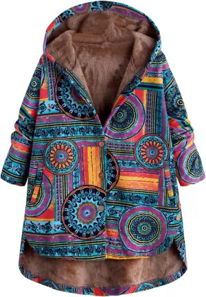 RMXEi Ladies Long Sleeve Zipper Hooded Thick Composite Plush Vintage Flower Print Plus Size Hooded Jacket