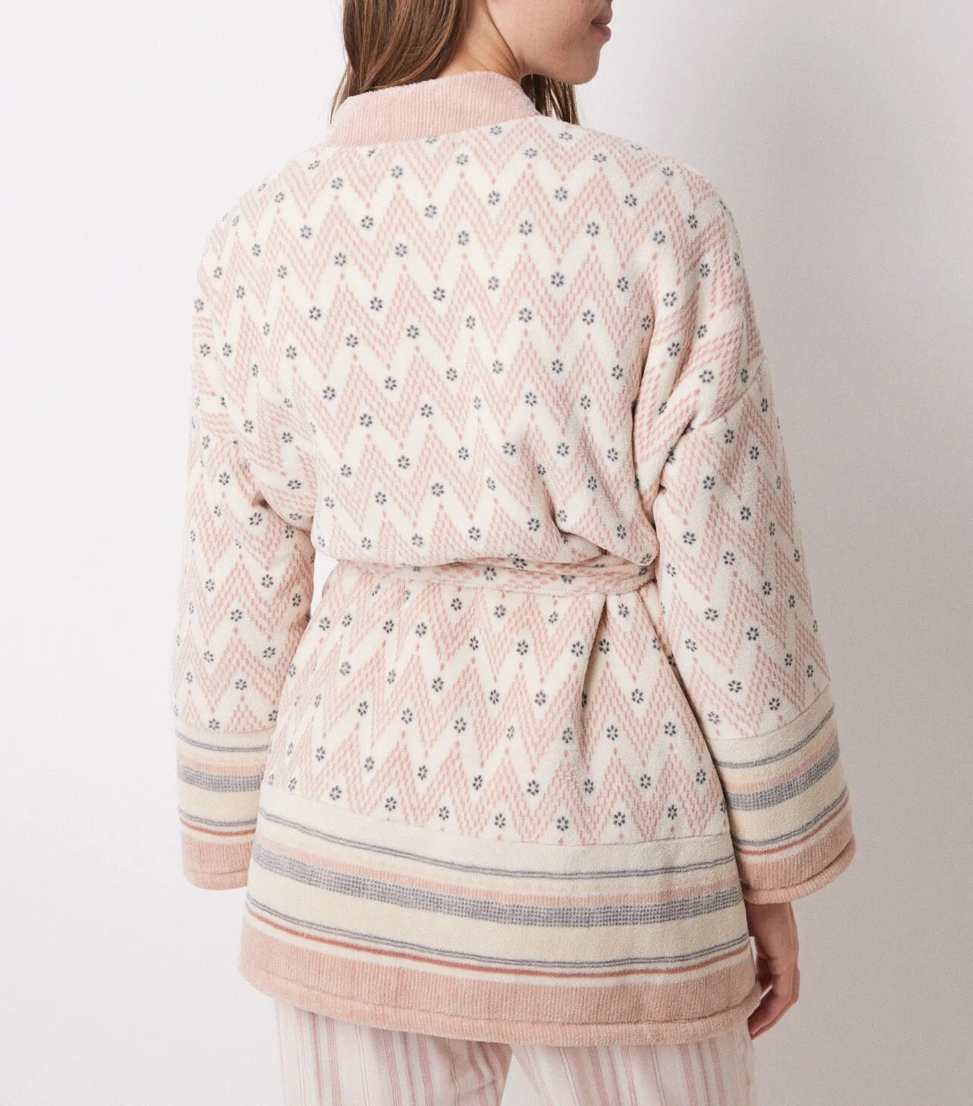 Short Fleece Robe with Herringbone Print Multi