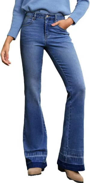 Sidefeel Women's High Waisted Flare Jeans Bell Bottom Stretchy Patch Hem Denim Pants with Pockets
