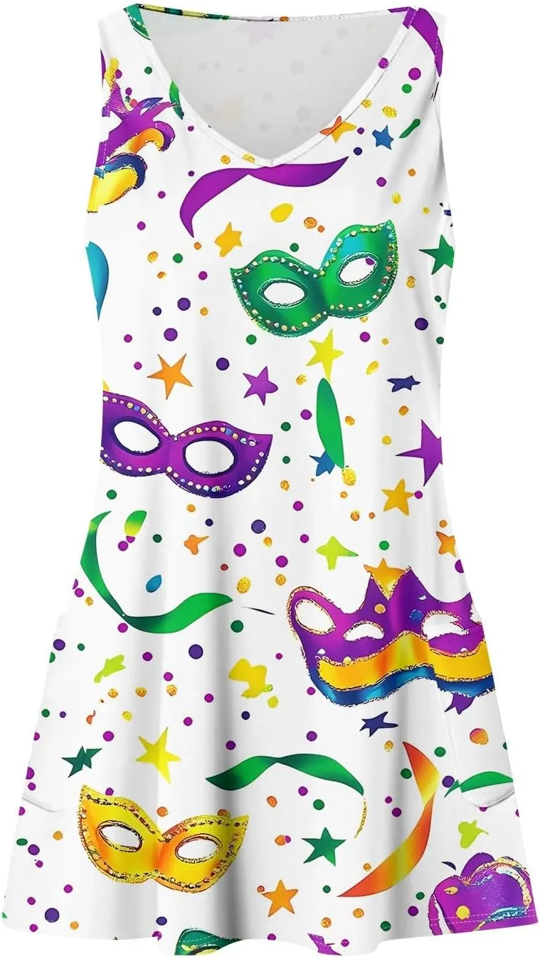 Summer Dresses for Women 2025 Vacation Sundress Printed Sleeveless Swimsuit Coverup Casual V Neck Dress with Pocket