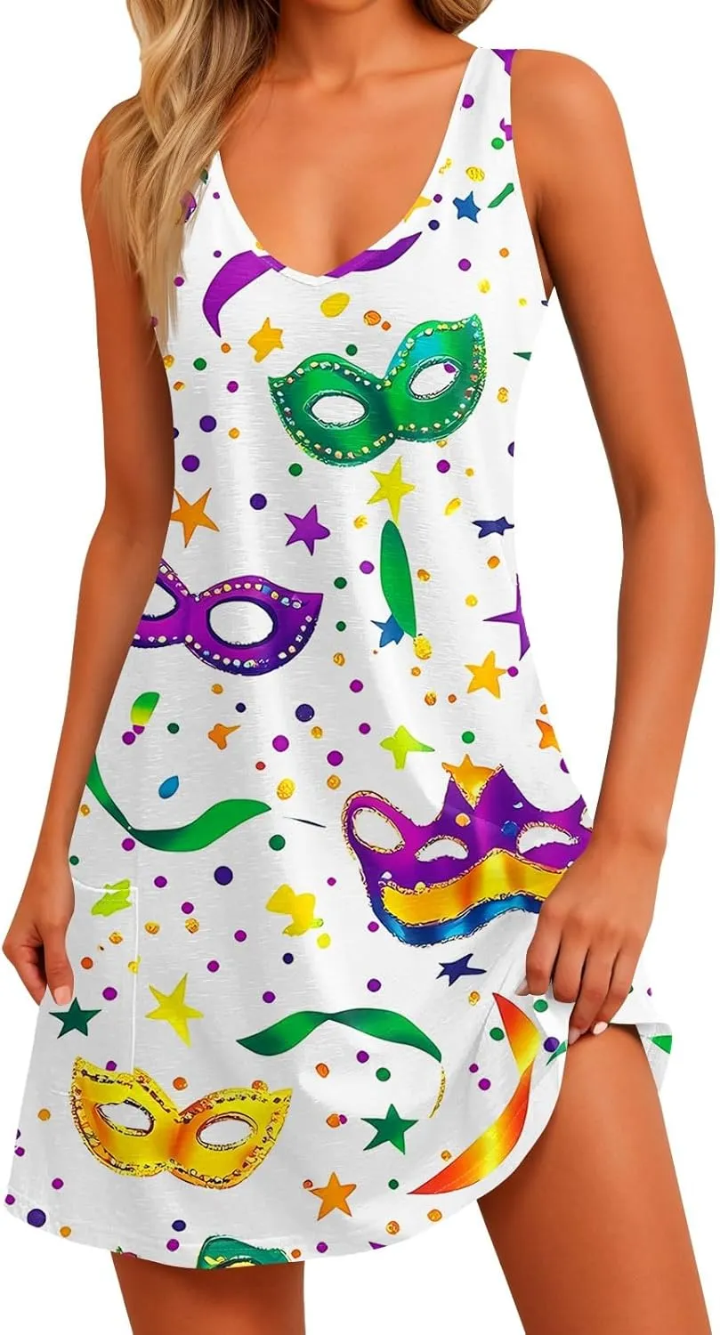 Summer Dresses for Women 2025 Vacation Sundress Printed Sleeveless Swimsuit Coverup Casual V Neck Dress with Pocket