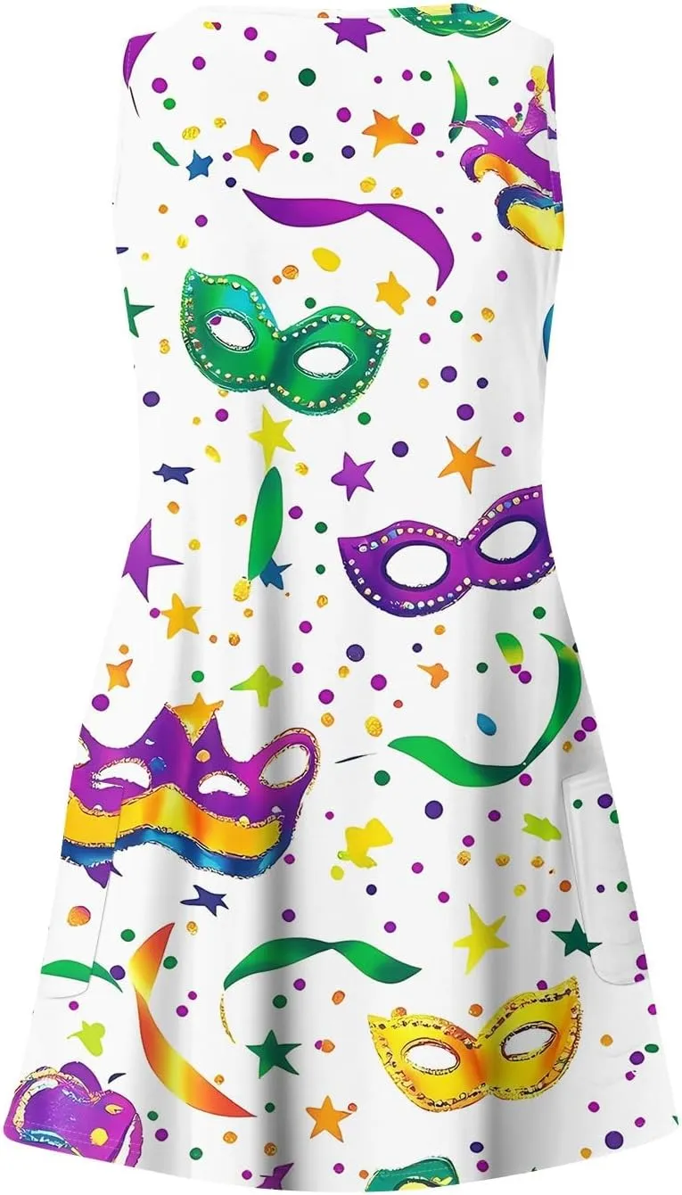 Summer Dresses for Women 2025 Vacation Sundress Printed Sleeveless Swimsuit Coverup Casual V Neck Dress with Pocket