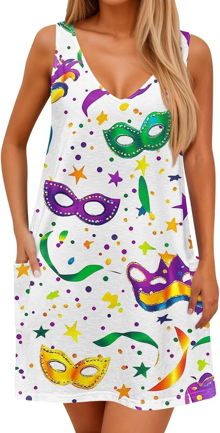 Summer Dresses for Women 2025 Vacation Sundress Printed Sleeveless Swimsuit Coverup Casual V Neck Dress with Pocket