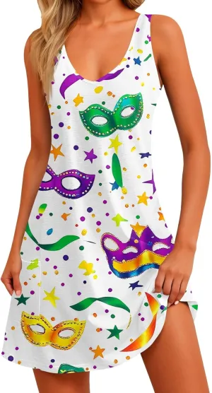 Summer Dresses for Women 2025 Vacation Sundress Printed Sleeveless Swimsuit Coverup Casual V Neck Dress with Pocket