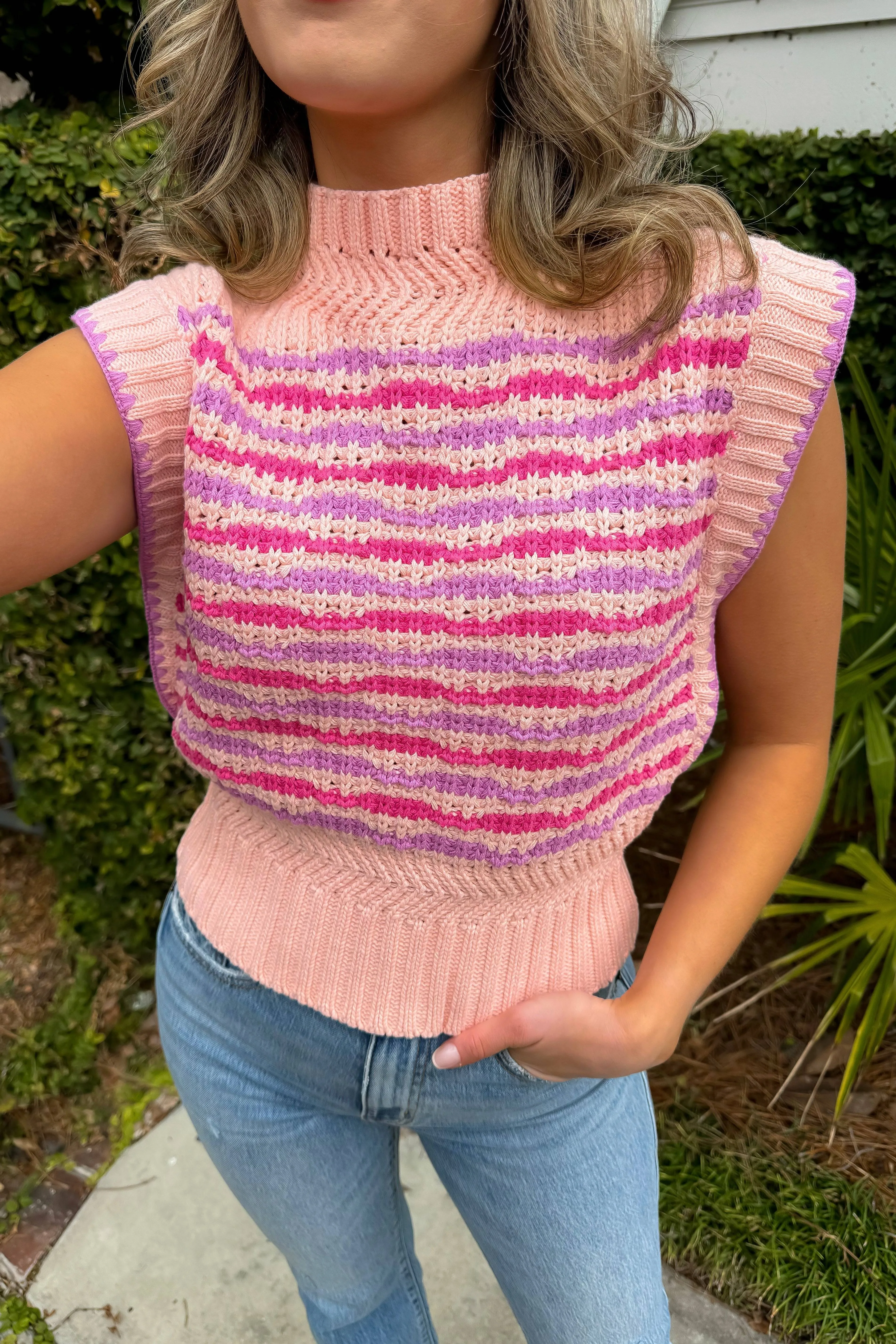 Sweet as a Peach Lavender Contrast Stitch Mock Neck Sleeveless Sweater