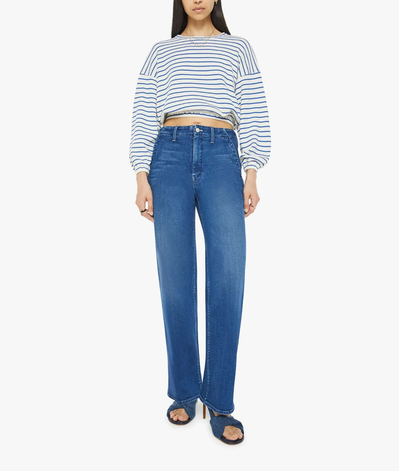 The Long Sleeve Swipe Crop in Cream and Blue School Daze