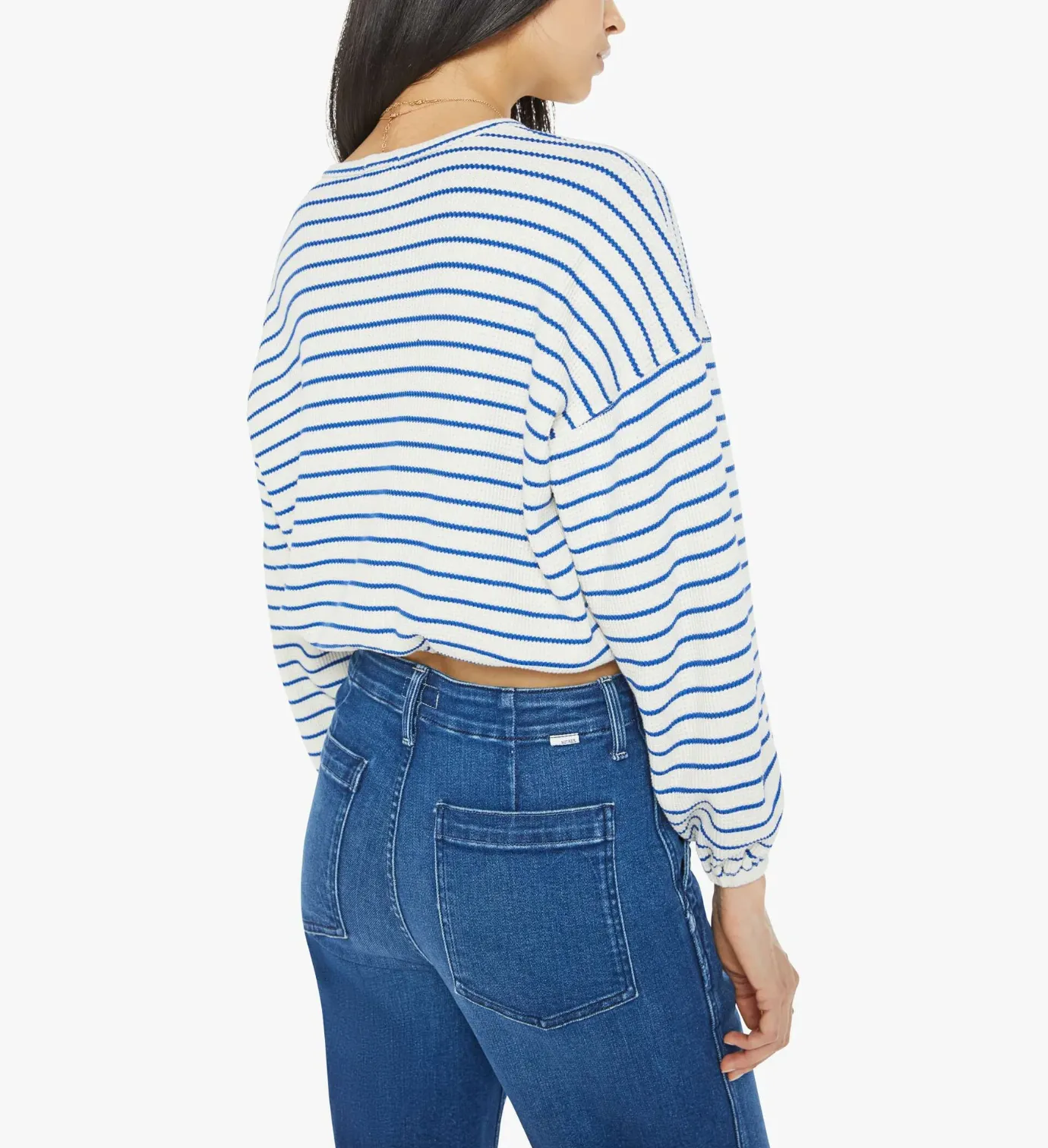 The Long Sleeve Swipe Crop in Cream and Blue School Daze