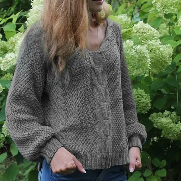 V Neck Cable Knitted Chunky Sweater