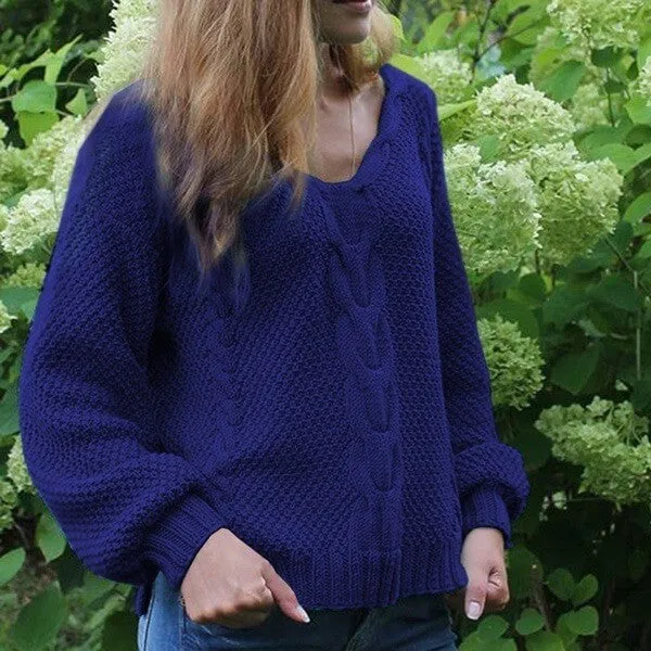 V Neck Cable Knitted Chunky Sweater