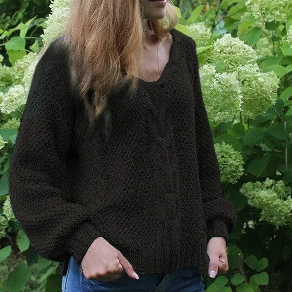 V Neck Cable Knitted Chunky Sweater