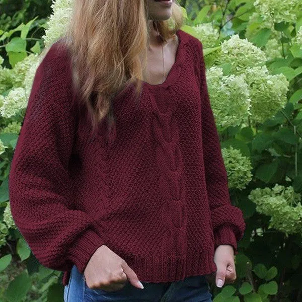 V Neck Cable Knitted Chunky Sweater
