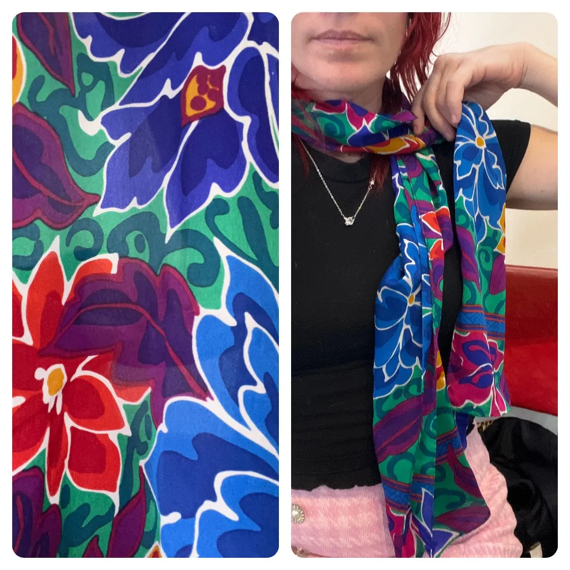 Vintage 80s 90s | Rainbow Floral Colorful Long Silk Scarf | Wearable Art