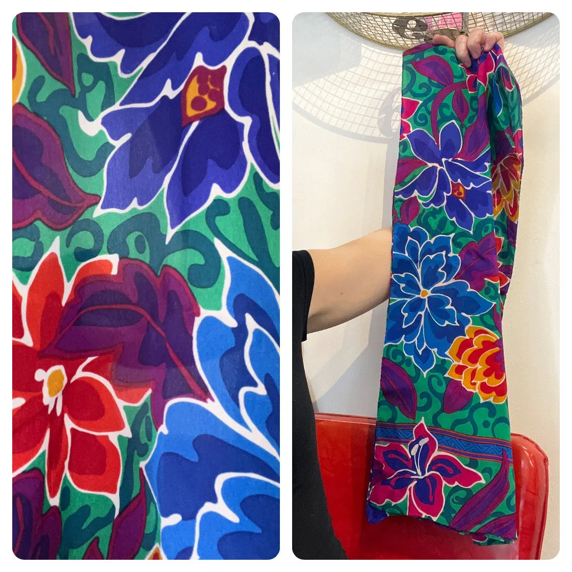 Vintage 80s 90s | Rainbow Floral Colorful Long Silk Scarf | Wearable Art
