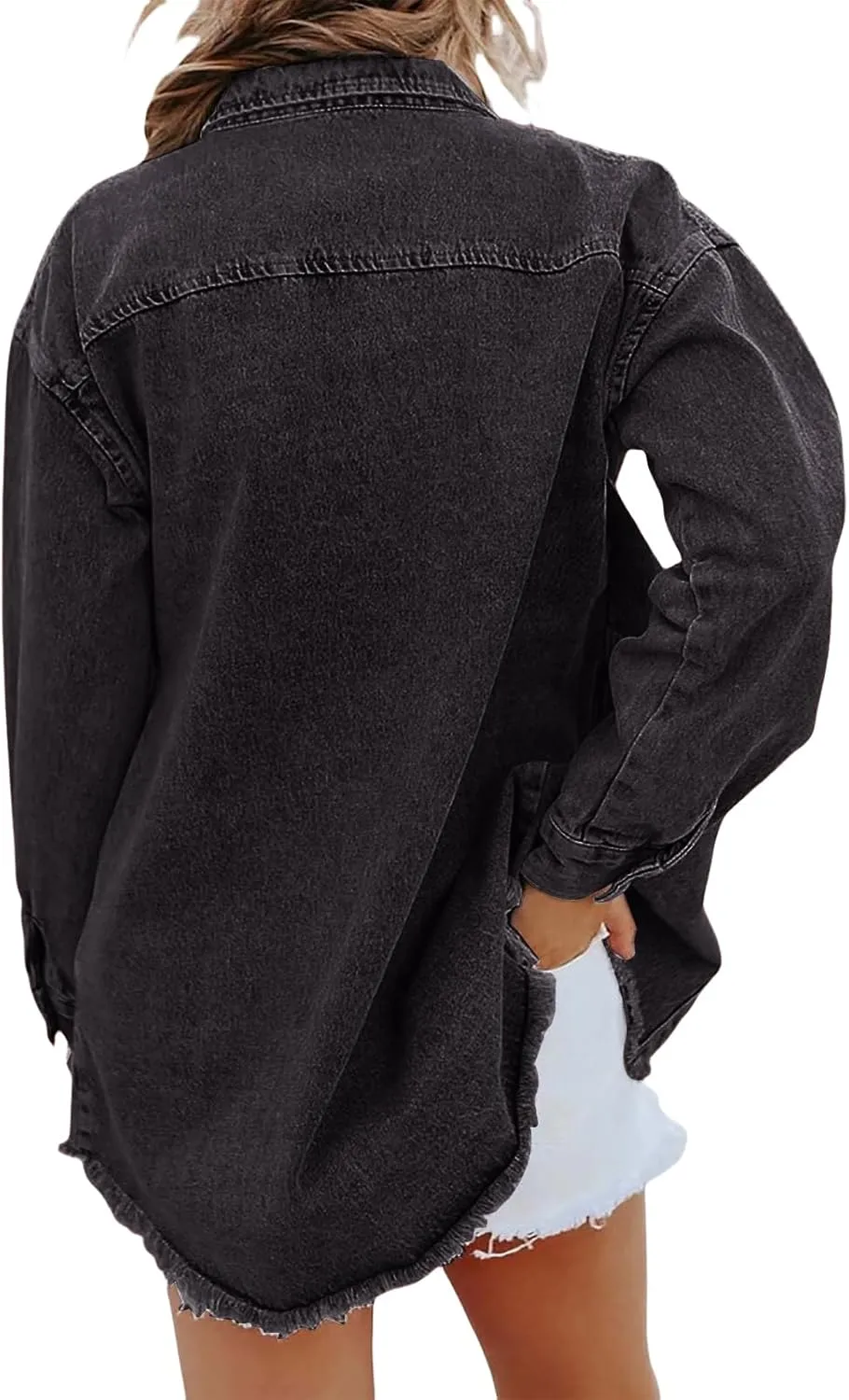 Womens Denim Jacket Oversized Button Down Frayed Hem Shacket Long Sleeve Lapel Shirt Casual Boyfriend Jacket