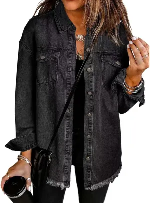 Womens Denim Jacket Oversized Button Down Frayed Hem Shacket Long Sleeve Lapel Shirt Casual Boyfriend Jacket