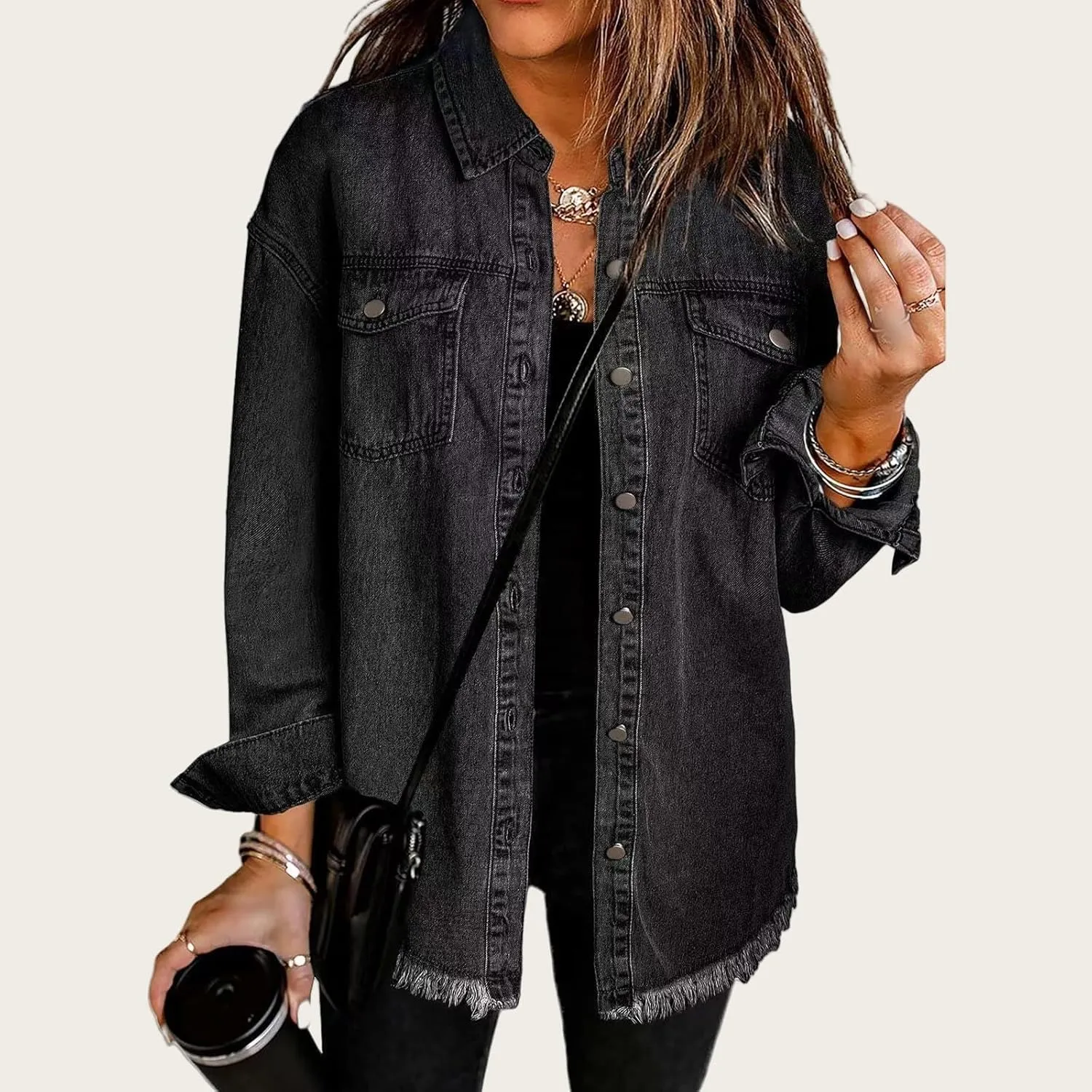 Womens Denim Jacket Oversized Button Down Frayed Hem Shacket Long Sleeve Lapel Shirt Casual Boyfriend Jacket