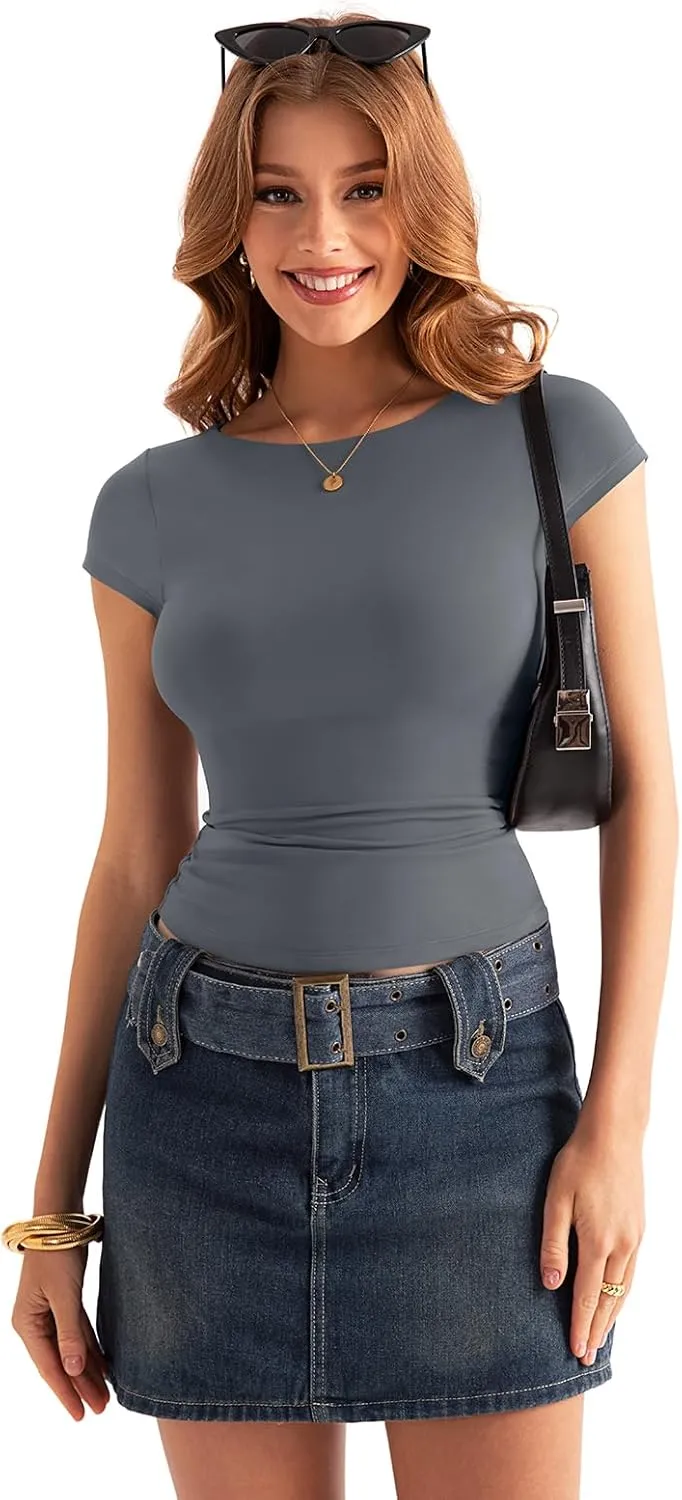 Womens Double Lined Cap Sleeve Tops Boat Neck Shirts Slim Fitted Going Out Tees Y2k Clothes 2025