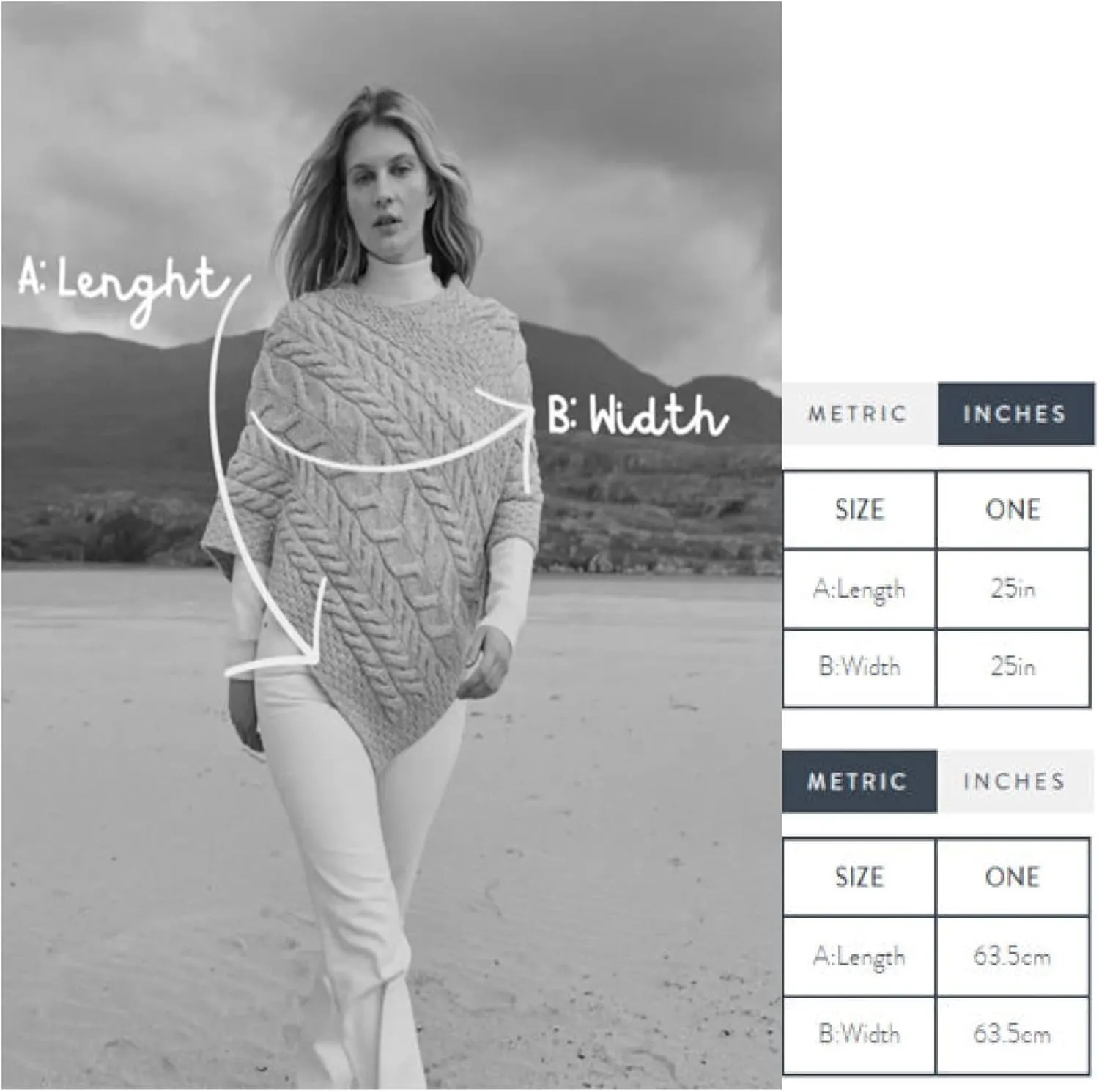 Women's Irish Cable Knit Poncho, 100% Supersoft Merino Wool, Made in Ireland, One Size, Aasleagh Falls