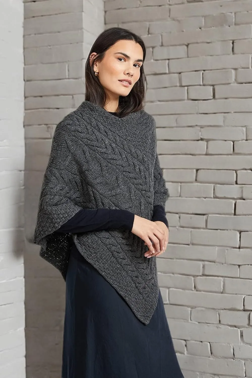 Women's Irish Cable Knit Poncho, 100% Supersoft Merino Wool, Made in Ireland, One Size, Aasleagh Falls