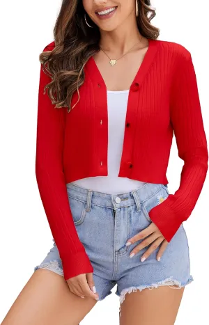 Women's Long Sleeve Cropped Cardigan Sweaters V Neck Solid Button Down Knit Bolero Shrugs