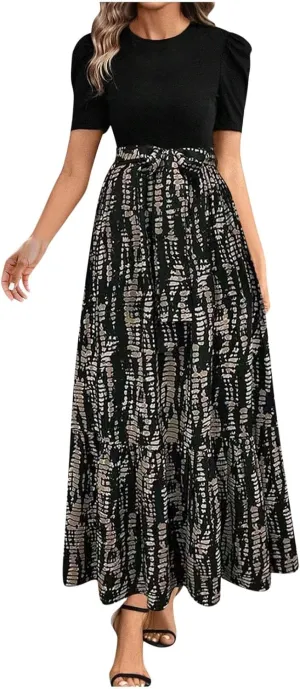 Womens Maxi Floral Dresses 2025 Elegant Boho Patchwork Empire Waist Tie Belted Short Sleeve Wedding Guest Long Dress